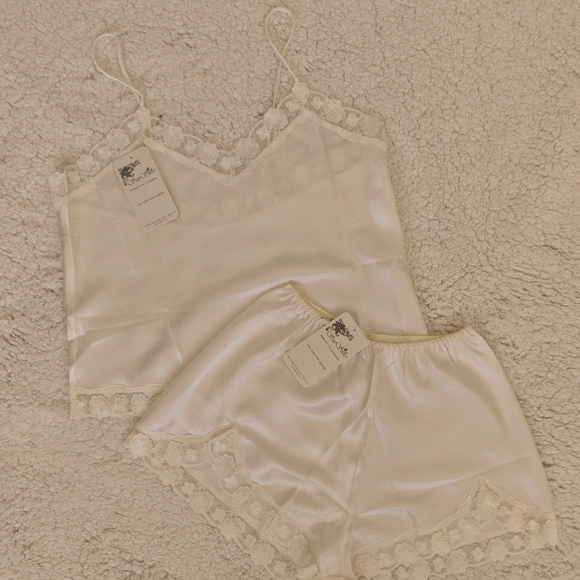Soo Silks Other - NWT Silk Pajama Set | Satin White Cami + Shorts with Lace
